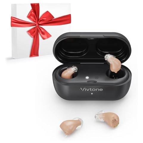 Vivtone Hearing Aids (Not Amplifiers), Rechargeable Digital Hearing Aids with 16-Channel Sound Processing for Superior Sound Quality, Auto-On/Off, Pair, SuperMini-black-b, Beige Cover