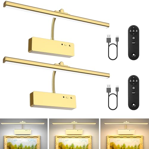 Lightbiz Picture Light 2 Pcs, 15.35inch 5400mAh Rechargeable Picture Lights for Wall Battery Operated Wall Lights with Remote, 3 Colors Paintings Light Dimmable Art Light for Artwork, Gallery (Gold)