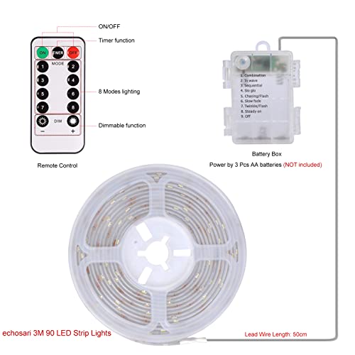 Echosari Led Strip Lights Battery Powered, 90 Led Red 2835 Smd Strip Lights 9.8 Ft Cuttable Self-Adhesive Strip Lights With Remote Timer For Outdoor Indoor Party Bedroom Decoration #TOP6