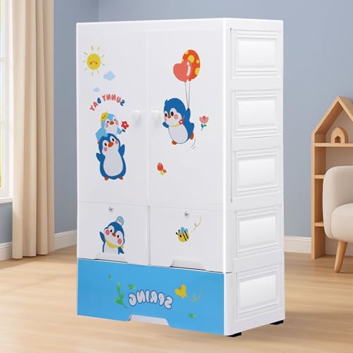 Image of Little Olive Penguin Kids Wardrobe | Multi Drawer Plastic Storage Cabinet | Collapsible Cartoon Print Organizer for Children Room (65 X 38 X 130 Cm) Light Blue