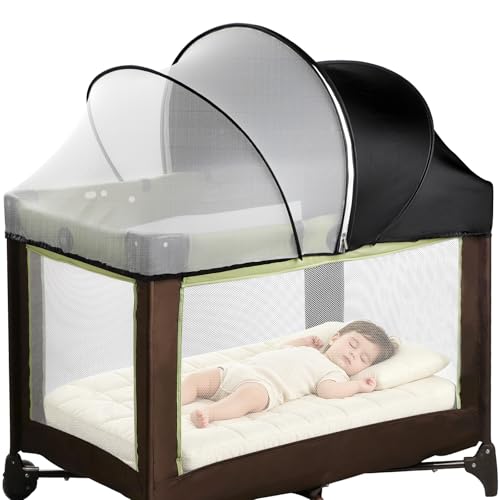 Pack N Play Tent Cover - Half-Blackout Mosquito Net for Crib & Playpen Baby Bassinet Cover for Cats with 2-Way Zipper Sun-Blocking Bug Net for Travel Crib (Black-Large)