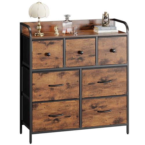 Image of Nicehill Chest of Drawers, Dresser for Bedroom with 7 Drawers, Wood Top, Sturdy Steel Frame, Storage Organizer Unit for Bedroom, Kids room, Living room, Closet(Rustic Brown)