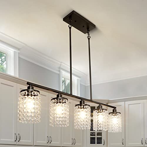 Lynpon Kitchen Island Lighting, 5-Light Dining Room Light Fixture Over Table Modern Black Linear Chandelier Crystal Drops Pendant Light Fixture Raindrop Lighting For Kitchen Dining Table Living Room #TOP1