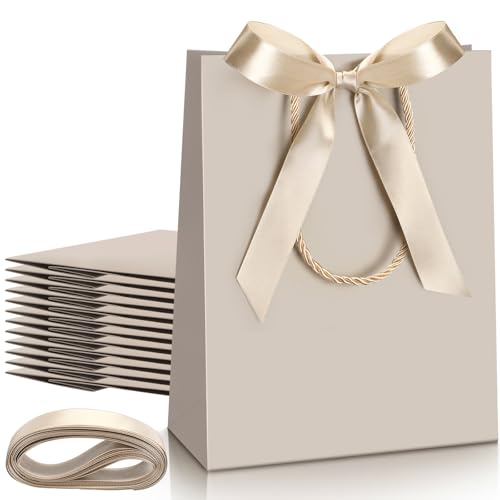 Silkfly 12 Pcs Wedding Paper Gift Bags with Handle 9x7x3.15 Thank You Gifts Bags with Ribbon Bow Bridal Shower Gifts Handbags for Baby Shower Birthday Party Favor Supplies (Champagne)