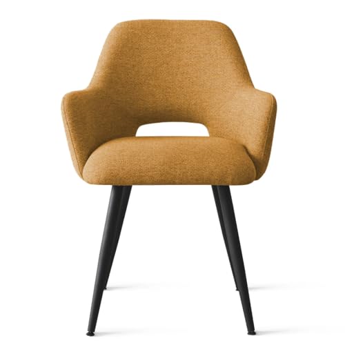 Image of Finch Fox Motel Luxurious Home Collection Upholstery Fabric Arm Dining Room Chairs in Mustard Color with Black Metal Powder Coated Legs (Set of 4)
