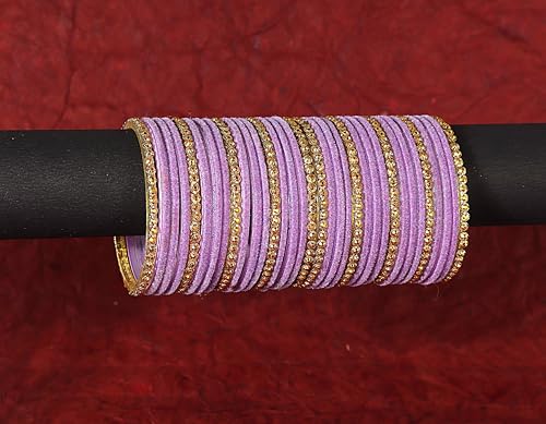 Image of NMII Premium Glass & Golden Beads Velvet Bangle Set For Women and Girls | Velvet Chudi | Traditional Chudi Set | Designer Girl's Bangles Bracelet | Wedding, Party, Festive, Daily- Set of 34