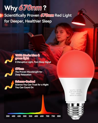 Image of Neporal 7W 670nm Red Light Bulbs for Sleep, 100% Blue Light Blocking Red Night Light, Sleep Light for Melatonin Promoting, A19 60W Equivalent Dim Light Bulbs for Bedroom, Baby Nursery, Reading,4 Packs