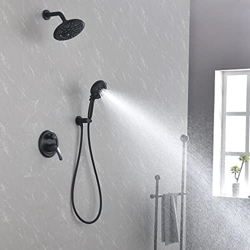 Shamanda 15-Function Shower System With Valve And Trim, Bathroom Luxury Shower Faucets Sets Complete With 9 Setting Handheld Showerhead & 6 Setting Rain Shower, Wall Mounted, Matte Black, L8082-7 #TOP1