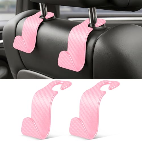 Image of SINGARO Universal 2 Pack Car Seat Headrest Purse Hook, Carbon Fiber Back Seat Hook Storage Organizer Hanger for Purse Handbag Coat, Car Interior Accessories(Pink)