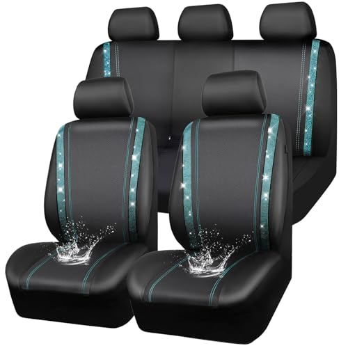 Image of CAR PASS Bling Car Seat Covers Full Set, Shining Rhinestone Diamond Waterproof Faux Leather Universal Fit 95% Automotive Glitter Crystal Sparkle Strips for Cute Women Girl, Full Set (Mint Diamond)