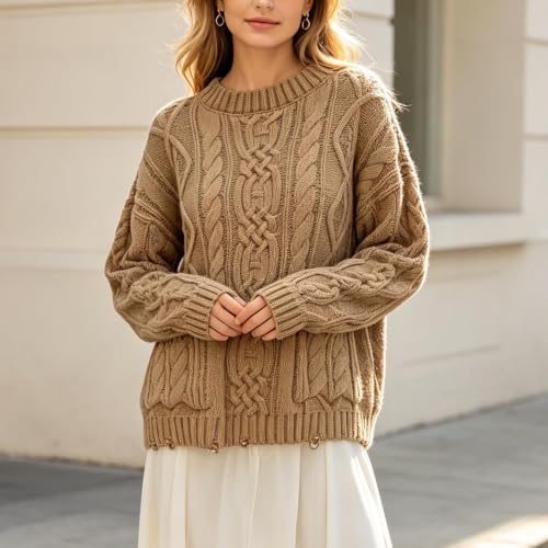 Cable Knit Sweater Women Oversized Crew Neck Long Sleeve Knit Pullover - image 5
