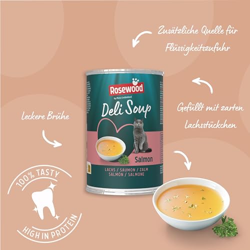 Rosewood Deli Soup Lachs – Köstlicher Katzensnack als Brühe mit weichen Lachsstückchen, ohne Zusatz von Salz oder Zucker, ohne künstliche Zusatzstoffe, 135 ml