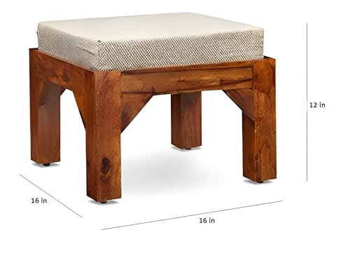 Image of Loonart Solid Sheesham Wood Coffee Table with Four Cushioned Stools | Idel for Living Room | Cafe | Restaurant | Space Saving Indoor Table Set | Finish Color - Honey Teak Finish | White Cushion |