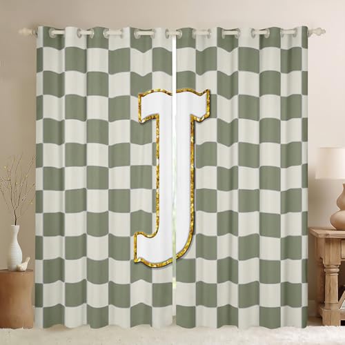 Image of Erosebridal Sage Green Checkered Window Drapes Plaid Initial J Blackout Curtains 42 inch Wx63 L Personalized Monogram Curtains for Bedroom Living Room,Grids Gingham Window Treatments 2 Panels