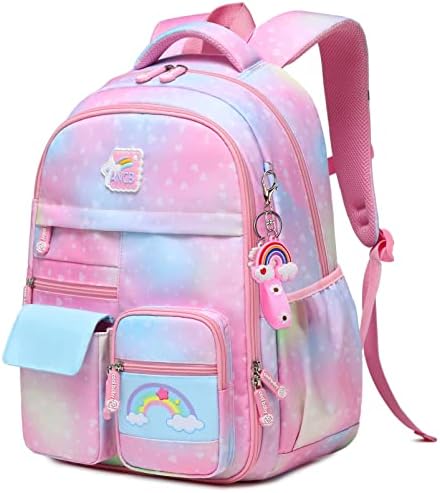 Wraifa Backpack for Girls, Rainbow Bookbag Elementary School Bag Princess Girl Backpacks Mochilas Para Niñas (Single Backpack Heart Pink)