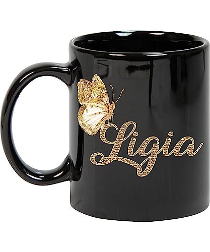 Maynard Ruiz Coffee Mug Personalized Ligia Name Customized Mug with Name Gold Butterfly Text Mug Gift for Women, Her, Girl 11oz Black Mug 045000 482256