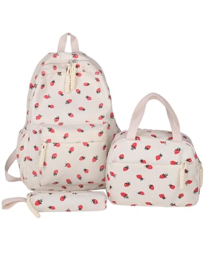 Makukke Mochila escolar para niña – Kawaii Fresa 3 en 1 mochila escolar para niñas 1º – 5º grado, mochila escolar informal para niños con bonito colgante para escuela primaria secundaria, beige, 30 x