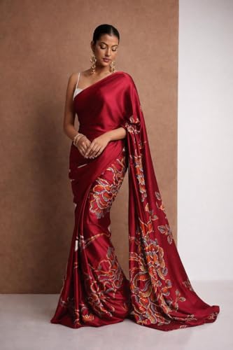 Image of Japan Satin Floral Print Saree for Women with Blouse Piece - Satin Finish Draped Saree