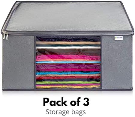 Solutionder UK Pack of 3 Large Capacity Storage Bags with Double Zips & Sturdy Handles for Duvets Blankets Bedding Clothes Toys Grey Fabric Foldable Clear Window Bag Underbed Organisers