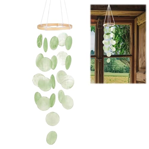 Muschel Windspiele, Boho Deko Muschel Traumfänger Girlanden, Windspiele für Draußen Hängend für den Außenbereich, Windspiel Garten Hängend Deko für Terrasse Rasen Garten, Kreis (Grün)