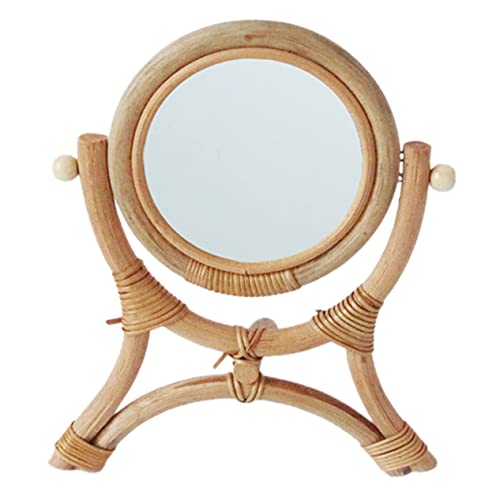 Healeved Decorative Makeup Mirror Indoor Desktop Mirror Rattan Rack Table Top Rattan Make up Bedroom