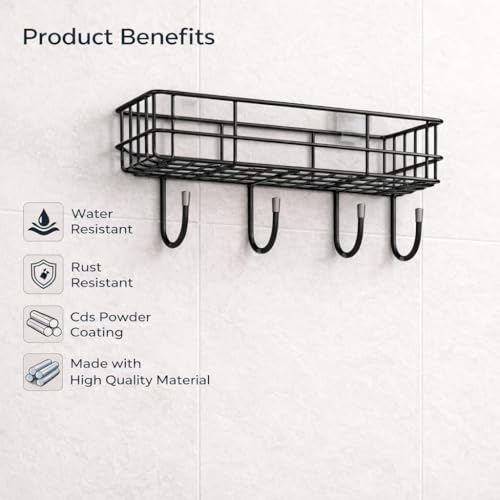 Image of PulGos Pack-2 Multipurpose Wall Shelf with 2 Adhesive Hooks - Durable Mounted Storage Rack for Bathroom, Kitchen & Toilet, Space-Saving, Wall Stand Organizer for Home & Office Use Without Drill