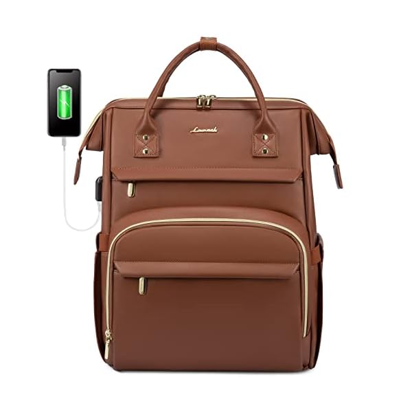 LOVEVOOK Leather Laptop Backpack for Women 15.6 inch,Travel Purse Nurse Teacher Carry On Backpack Computer Bag,Professional College Business Work Bags with USB Port,Brown