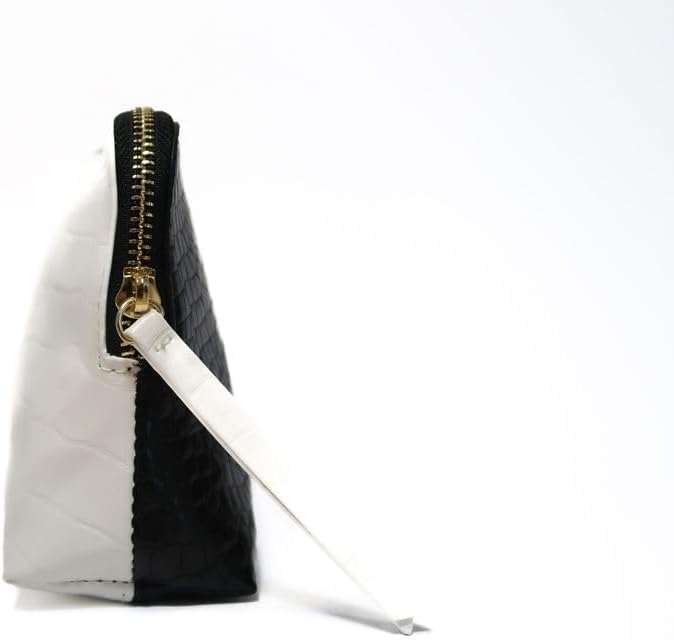 Tuxedo Crocodile Cosmetic Bag – Luxury Vegan Leather Makeup Bag, Black & White Travel Organizer