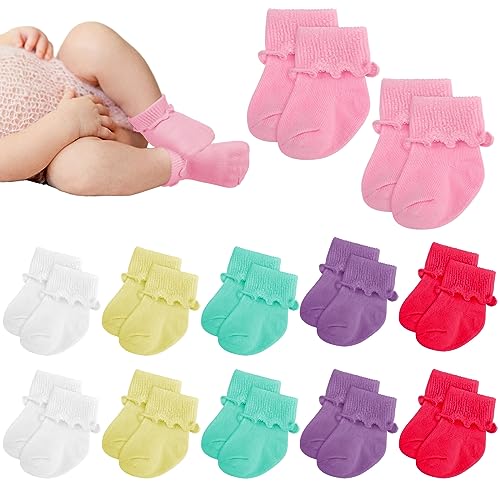 Toulite 12 Pairs Preemie Socks Girls and Boys Premature Ruffle Turn Cuff Cotton Socks Hospital Nicu (Multicolored,Simple Style)