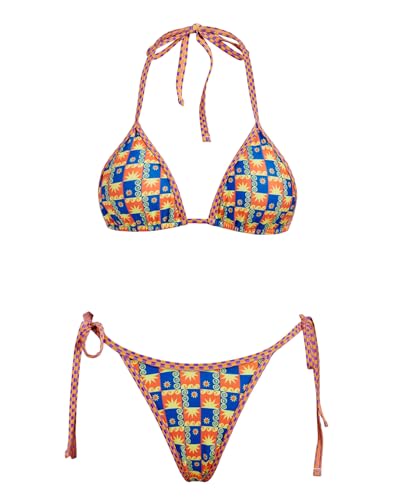 Image of Women's Triangle Bikini Set String Swimsuit Print Tie Smocked Ruched Two Piece Bathing Suit