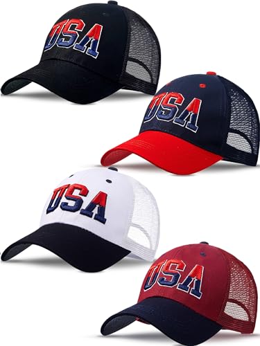 Image of 4Pcs USA Hats for Men Patriotic Hat Embroidered American Flag Baseball Cap | Classic USA Hat & USA Cap Set | 100% Cotton | American Flag Hats for Men Women | Adjustable Baseball Cap for Daily Wear