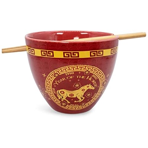 Boom Trendz Year Of The Horse Chinese Zodiac Ceramic Dinnerware Set | Includes 16-Ounce Ramen Noodle Bowl and Wooden Chopsticks Asian Food Dish For Home & Kitchen Kawaii Lunar New Gifts red One Size Cover