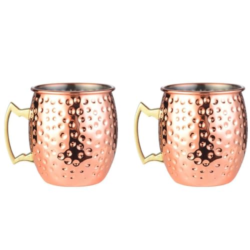 Moscow Mule Copper Mugs Set of 2 (18oz), Handcrafted Hammered Stainless Steel Cups with Handle, Bar Gift Set for Cocktails, Cold Drinks, Beer, Wine
