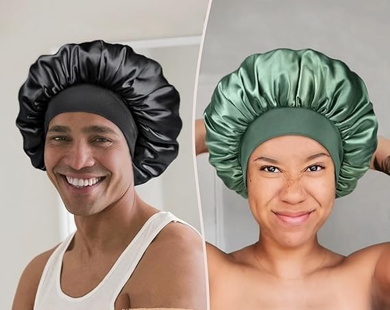 Image of Satin Bonnet for Hair, Adjustable Silky Hair Cap for Sleeping, Bonnet for Curly Hair with Soft Jersey Fabric Band, Stylish and Comfy Satin Hair Bonnet For Men and Women (Black)
