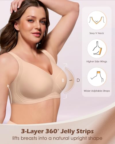 HORISUN Supportive Bras for Women Full Coverage No Underwire Bra for Large Breasts Wireless Comfortable T-Shirt Bra (Cream Skin 42D) — view 3
