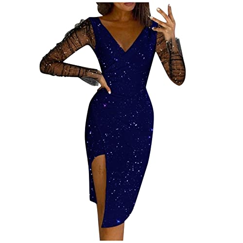 Generisch Glitzerkleid Damen Lang Langarm Silvester Kleider Glitzer Curvy Elegant Abendkleider V Ausschnitt Silvesterkleid Schöne Spitzenkleid Damen...