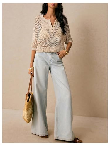 Women's Hollow Out Crochet Sweater Y2k Sheer Half Button Crochet Knit Top Beach Cover Up3