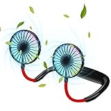 MomMed Portable Neck Fan, Wearable Cooling Head Fan with Three Levels of Wind, Rechargeable Mini USB Personal Fan with 2000mAh Battery, USB Fan with lights for Traveling, Sports, Office