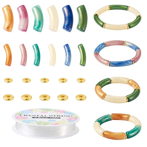 Image of 120PCS Bamboo Tube Bracelet Making Kit for Women Friendship Gift Stacking Bangles Chunky Curved Acrylic Beads Metal Spacers Elastic Thread