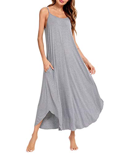 Image of SWOMOG Women Long Nightgown Pajama Dress Soft Strap Nightdress Summer Sleeveless Nightshirt Lounge Dress with Pockets Grey Large