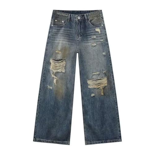 Men's Summer Distressed Denim, American Style, Trend Hole Design, Casual Straight Wide Leg Jeans