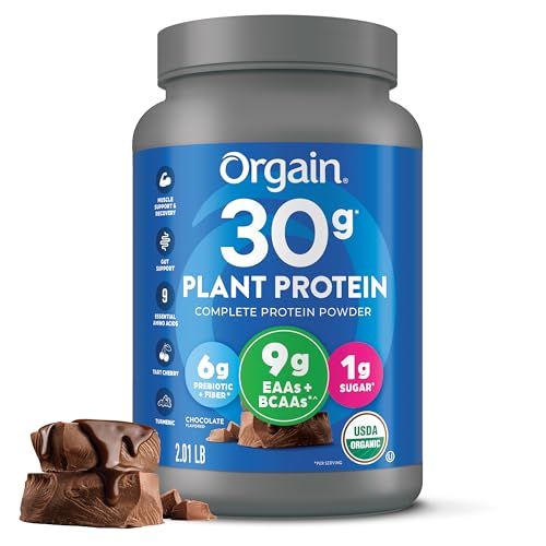 Orgain Organic 30g Vegan Protein Powder Chocolate 9g EAAs + BCAAs Plant Protein 6g Prebiotic + Fiber 1g Sugar Pre-Workout Muscle Support + Recovery - 2.01lb (Packaging May Vary)