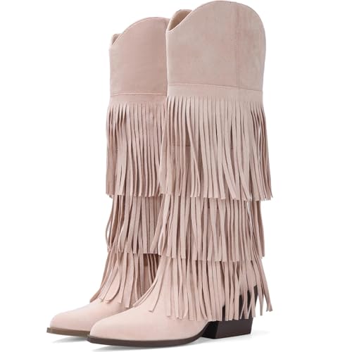 Image of Cowgirl Boots Women Retro Pull On Block Chunky Suede Fringe Cowboy Boots | Pointed Toe,Concert Outfits Knee High Western Boot, Country Boots,Tall Boot for ladies Party concert