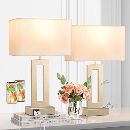 Seealle Bedroom Table Lamps Set of 2 - Touch Bedside Lamps with USB C+A 3 Way Dimmable Gold Lamp for Nightstand Modern Night Stands Lamps for Living Room End Tables Desk Bed Side Study Room(16.4n)