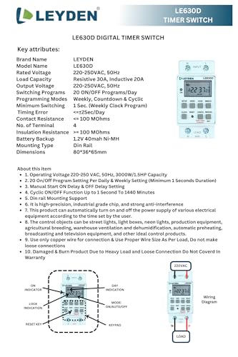 Image of LEYDEN LE630D, 30A 220VAC Digital Timer Switch 20 ON /Off Programs Daily /Weekly, 1-Second Interval Cyclic & Delay Function (1s-24h) for Bell, Siren, Lights, Motors, Fans, Heaters, Irrigation & Fogger