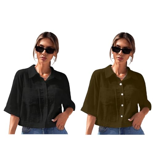 Image of TOPLOT V-Collar Solid Crop Shirt for Women with Half Sleeves, Polyester, Regular Fit
