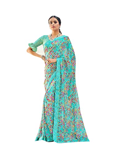 Sari indien Georgette léger turquoise pour un drapé fluide sans effort avec satin