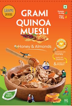 Image of Grami quinoa muesli honey and almonds with high protein | 100% natural millet based complete nutrition muesli | with 68% Quinoa flakes and 12% almonds | Sweetened with honey | Breakfast cereal for energy and improving strength | with no added artificial preservatives or colour | 500g