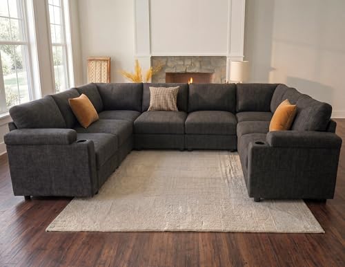 Image of Sectional Couches for Living Room FSC Certified Chenille Modular Couch Oversized Cloud U Shaped Convertible Sleeper Sofa Chaise Detachable Armrest Cushion (Chenille Grey, U Shape 8 Seat)