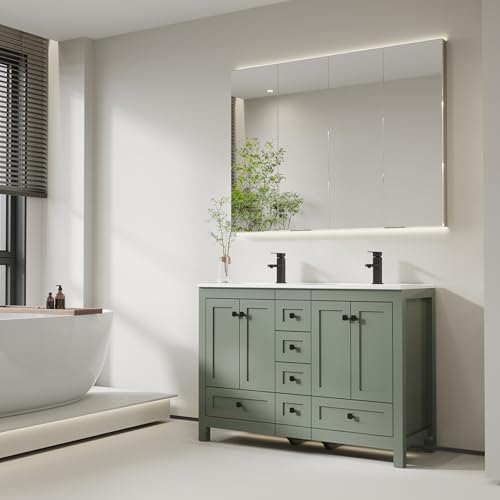 eclife 48' Bathroom Vanities with Sink Combo, Modern Thickened Wood Bathroom Storage Cabinet w/Undermount Double Sink, Matte Black Faucet Drain, Painted Surface, Green